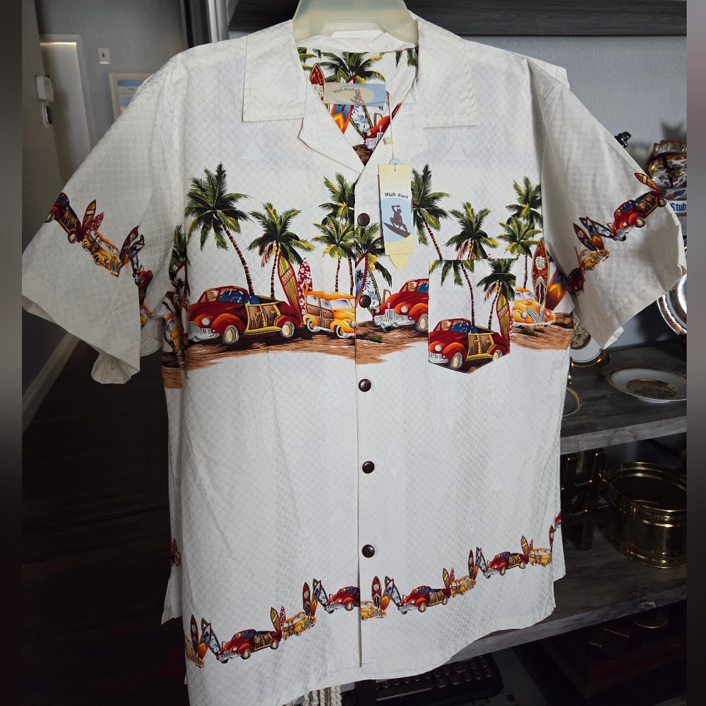 Hawaiian Polo White Casual Button Down Shirt with Scenic Border Print